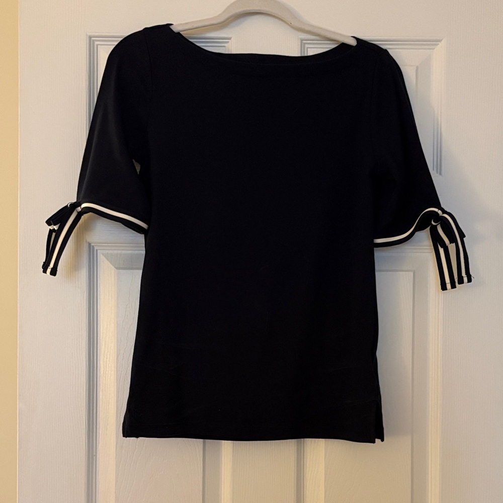 Lauren Ralph Lauren Navy Short-Sleeve Top with Tie-Trim Sleeves